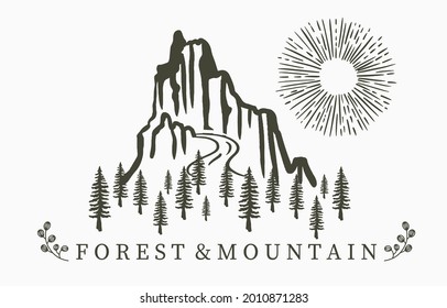 Black line natural scenery with mountain,river,sun,tree