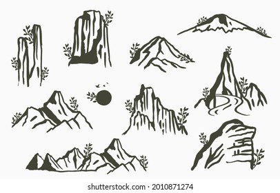 Black line natural scenery with mountain,sun,tree