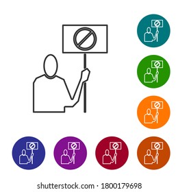Black line Nature saving protest icon isolated on white background. Earth planet protection, environmental issues demonstration. Set icons in color circle buttons. Vector Illustration