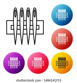 Black line Needle for sewing icon isolated on white background. Tailor symbol. Textile sew up craft sign. Embroidery tool. Set icons colorful circle buttons. Vector Illustration