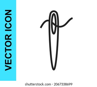 Black line Needle for sewing with thread icon isolated on white background. Tailor symbol. Textile sew up craft sign. Embroidery tool.  Vector
