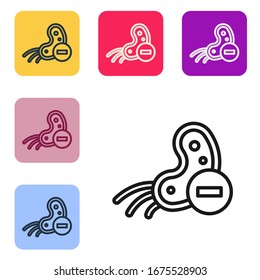 Icono de virus negativo de línea negra aislado en fondo blanco. Virus Corona 2019-nCoV. Bacterias y gérmenes, cáncer celular, microbio, hongos. Establecer iconos en botones cuadrados de color.  Ilustración vectorial