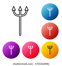 Black line Neptune Trident icon isolated on white background. Set icons colorful circle buttons. Vector Illustration
