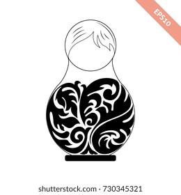 Black line nesting doll with floral ornament isolated on white background. Decorative element. 