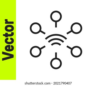 Icono de Red de línea negra aislado en fondo blanco. Conexión de red global. Tecnología global o red social. Conectando puntos y líneas.  Vector