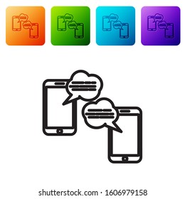 Black line New chat messages notification on phone icon isolated on white background. Smartphone chatting sms messages speech bubbles. Set icons in color square buttons. Vector Illustration