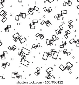 Black line New chat messages notification on phone icon isolated seamless pattern on white background. Smartphone chatting sms messages speech bubbles.  Vector Illustration