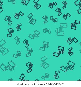 Black line New chat messages notification on phone icon isolated seamless pattern on green background. Smartphone chatting sms messages speech bubbles.  Vector Illustration