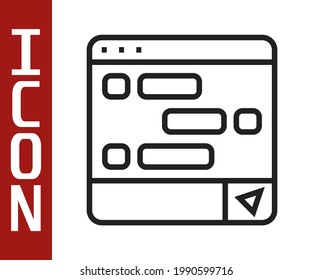 Línea negra Nueva notificación de mensajes de chat sobre el icono del portátil aislado en fondo blanco. Smartphone hablando mensajes sms burbujas de voz.  Vector