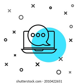 Línea negra Nueva notificación de mensajes de chat sobre el icono del portátil aislado en fondo blanco. Smartphone hablando mensajes sms burbujas de voz. Formas dinámicas aleatorias. Ilustración vectorial