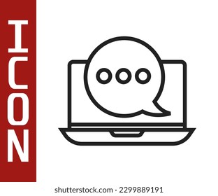 Línea negra Nueva notificación de mensajes de chat sobre el icono del portátil aislado en fondo blanco. Smartphone hablando mensajes sms burbujas de voz.  Ilustración vectorial