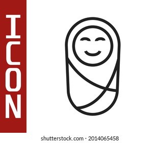 Black line Newborn baby infant swaddled or swaddling icon isolated on white background. Baby kid child wrapped in blanket clothes.  Vector