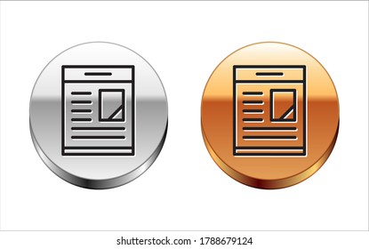 Black line Newspaper advertisement displaying obituaries icon isolated on white background. Silver-gold circle button. Vector