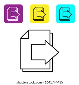 Black line Next page arrow icon isolated on white background. Document file with arrow. Send document. Set icons colorful square buttons. Vector Illustration