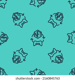 Black line NFT Digital crypto art icon isolated seamless pattern on green background. Non fungible token.  Vector