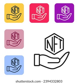 Schwarze Linie NFT Digital Kryptokunst Symbol einzeln auf weißem Hintergrund. Nicht fungibler Token. Die Symbole werden in den Tasten für das Farbquadrat eingestellt. Vektorgrafik