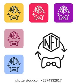 Icono de arte criptográfico digital NFT de línea negra aislado en fondo blanco. token no fungible. Establezca iconos en los botones cuadrados de color. Vector