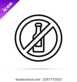 Black line No alcohol icon isolated on white background. Prohibiting alcohol beverages. Forbidden symbol with beer bottle glass.  Vector