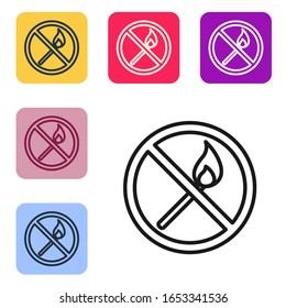 Schwarze Linie No fire match (Kein Feuer passend) Symbol einzeln auf weißem Hintergrund. Keine offene Flamme. Brennende Match im Kreis gekreuzt. Die Symbole werden in den Tasten für das Farbquadrat eingestellt. Vektorillustration-Illustration