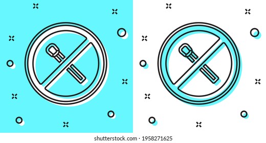 Schwarze Linie No fire match symbol einzeln auf grünem und weißem Hintergrund. Keine offene Flamme. Brennende Match im Kreis gekreuzt. Zufällige dynamische Formen. Vektorgrafik