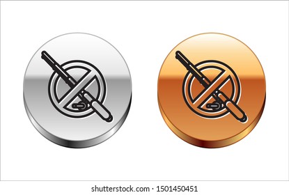 Black line No fishing icon isolated on white background. Prohibition sign. Silver-gold circle button. Vector Illustration