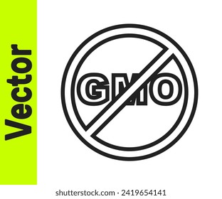 Black line No GMO icon isolated on white background. Genetically modified organism acronym. Dna food modification.  Vector