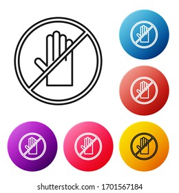 Black line No handshake icon isolated on white background. No handshake for virus prevention concept. Bacteria when shaking hands. Set icons colorful circle buttons. Vector Illustration