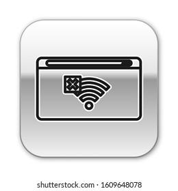 Black line No Internet connection icon isolated on white background. No wireless wifi or sign for remote internet access. Silver square button. Vector Illustration