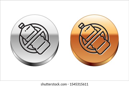 Black line No plastic bottle icon isolated on white background. Silver-gold circle button. Vector Illustration