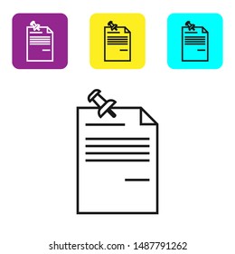 Black line Note paper with pinned pushbutton icon isolated on white background. Memo paper sign. Set icons colorful square buttons. Vector Illustration