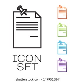 Black line Note paper with pinned pushbutton icon isolated on white background. Memo paper sign. Set icons colorful. Vector Illustration