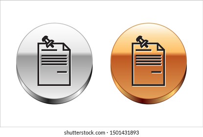 Black line Note paper with pinned pushbutton icon isolated on white background. Memo paper sign. Silver-gold circle button. Vector Illustration