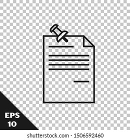 Black line Note paper with pinned pushbutton icon isolated on transparent background. Memo paper sign.  Vector Illustration
