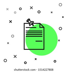 Black line Note paper with pinned pushbutton icon isolated on white background. Memo paper sign.  Vector Illustration