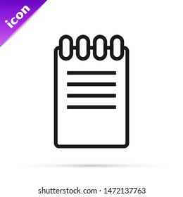 Black line Notebook icon isolated on white background. Spiral notepad icon. School notebook. Writing pad. Diary for business. Notebook cover design.  Vector Illustration