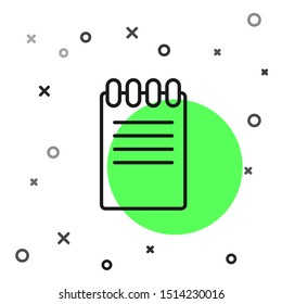 Black line Notebook icon isolated on white background. Spiral notepad icon. School notebook. Writing pad. Diary for business. Notebook cover design.  Vector Illustration