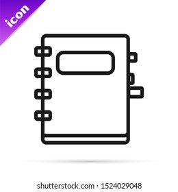 Black line Notebook icon isolated on white background. Spiral notepad icon. School notebook. Writing pad. Diary for school.  Vector Illustration