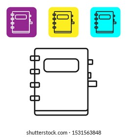 Black line Notebook icon isolated on white background. Spiral notepad icon. School notebook. Writing pad. Diary for school. Set icons colorful square buttons. Vector Illustration