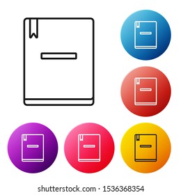 Black line Notebook icon isolated on white background. Spiral notepad icon. School notebook. Writing pad. Diary for school. Set icons colorful circle buttons. Vector Illustration