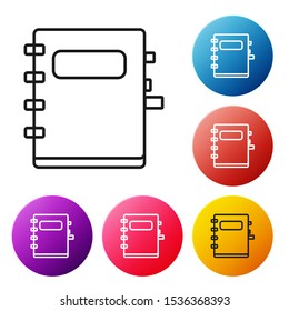 Black line Notebook icon isolated on white background. Spiral notepad icon. School notebook. Writing pad. Diary for school. Set icons colorful circle buttons. Vector Illustration