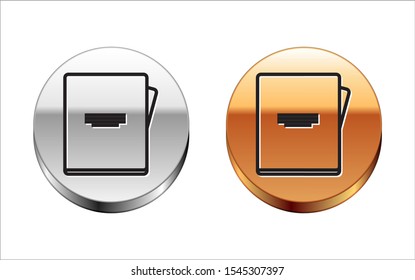 Black line Notebook icon isolated on white background. Spiral notepad icon. School notebook. Writing pad. Diary for school. Silver-gold circle button. Vector Illustration