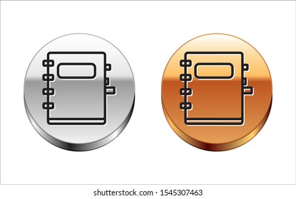 Black line Notebook icon isolated on white background. Spiral notepad icon. School notebook. Writing pad. Diary for school. Silver-gold circle button. Vector Illustration