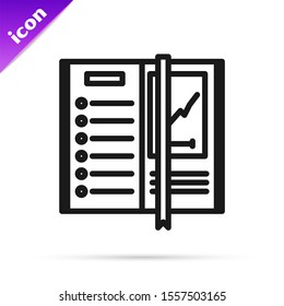 Black line Notebook icon isolated on white background. Spiral notepad icon. Writing pad. Diary for business. Notebook cover design.  Vector Illustration