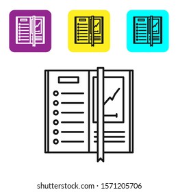 Black line Notebook icon isolated on white background. Spiral notepad icon. Writing pad. Diary for business. Notebook cover design. Set icons colorful square buttons. Vector Illustration