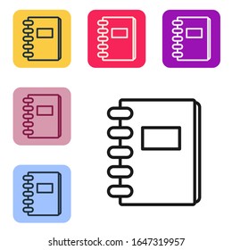 Schwarze Linie Notebook Symbol einzeln auf weißem Hintergrund. Spiral Notizblock Symbol. Schulheft. Schreibpad. Tagebuch für die Schule. Die Symbole werden in den Tasten für das Farbquadrat eingestellt. Vektorillustration-Illustration