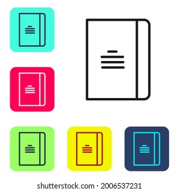 Icono de bloc de notas de línea negra aislado en fondo blanco. Icono de bloc de notas en espiral. Cuaderno escolar. Almohadilla de escritura. Diario para la escuela. Establezca iconos en los botones cuadrados de color. Ilustración vectorial