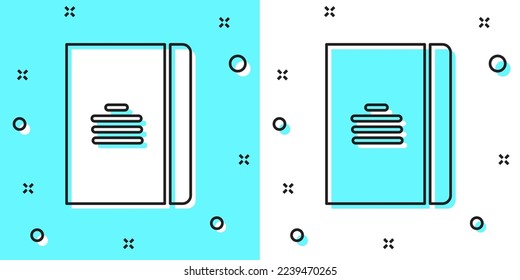 Black line Notebook icon isolated on green and white background. Spiral notepad icon. School notebook. Writing pad. Diary for school. Random dynamic shapes. Vector Illustration