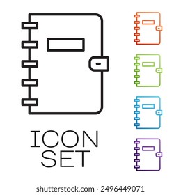 Black line Notebook icon isolated on white background. Spiral notepad icon. School notebook. Writing pad. Diary for school. Set icons colorful. Vector