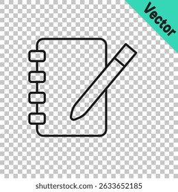 Black line Notebook icon isolated on transparent background. Spiral notepad icon. School notebook. Writing pad. Diary for school.  Vector