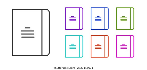 Linha preta Ícone do bloco de notas isolado no fundo branco. Ícone do bloco de notas em espiral. Caderno escolar. Bloco de escrita. Diário para a escola. Defina os ícones com cores. Ilustração de vetor